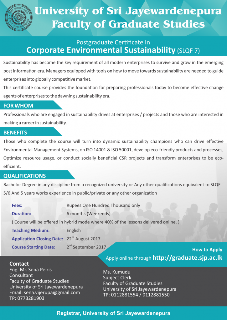 Postgraduate Certificate in Corporate Environmental Sustainability - Faculty of Graduate Studies - University of Sri Jayewardenepura